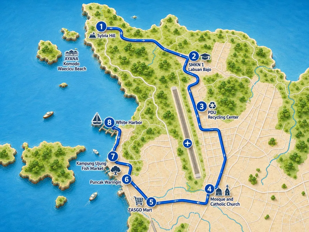 Labuan Bajo Urban Discovery Tour route map, highlighting 8 storytelling stops from Sylvia Hill to White Harbor.jpeg